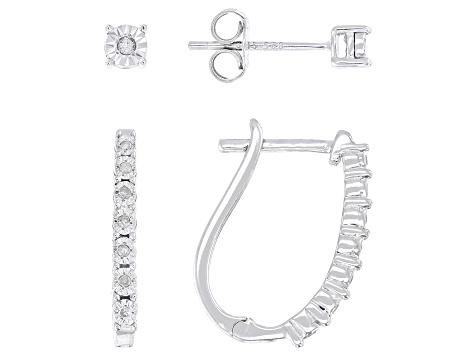 Pre-Owned White Diamond Rhodium Over Sterling Silver Set of 2 Stud and Hoop Earrings 0.10ctw