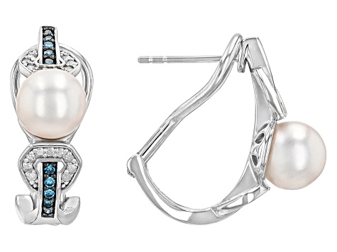Pre-Owned White Cultured Japanese Akoya Pearl With 0.33ctw Blue & White Diamond Rhodium Over Silver
