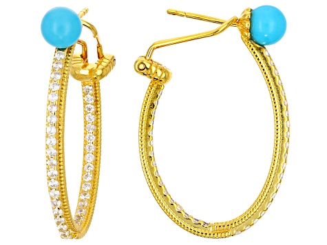 Pre-Owned Sleeping Beauty Turquoise 18k Yellow Gold Over Silver Hoop Earrings 0.34ctw