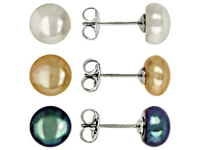 Pre-Owned Multi-Color Cultured Freshwater Pearl Stainless Steel Earring Set of 3