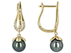 Pre-Owned Cultured Tahitian Pearl With White Zircon 18K Yellow Gold Over Sterling Silver Earrings
