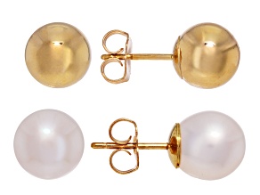 Pre-Owned White Cultured Freshwater Pearl & Gold Bead 14k Yellow Gold Earrings Set of 2