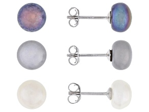 Pre-Owned Multi-Color Cultured Freshwater Pearls Sterling Silver Stud Earrings Set of 3