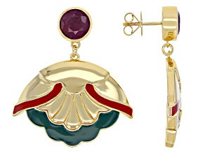 Pre-Owned Indian Ruby & Enamel 18K Yellow Gold Over Sterling Silver Earrings 5.04ctw