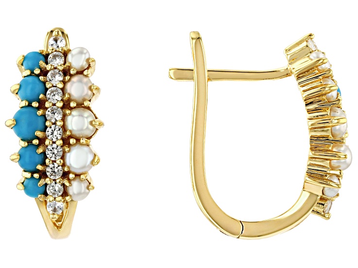 Pre-Owned Sleeping Beauty Turquoise, Cultured Seed Pearl & Zircon 18k Yellow Gold Over Silver Earrin