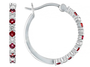 Pre-Owned Lab Created Ruby And Lab-Grown Diamond Rhodium Over Sterling Silver Hoop Earrings 0.85ctw
