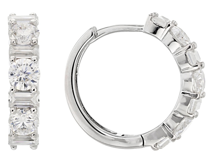 Pre-Owned Moissanite Round And Baguette Platineve Hoop Earrings 2.10ctw DEW