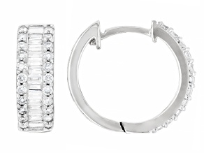 Pre-Owned White Round and Baguette Lab-Grown Diamond F-G SI Rhodium Over Silver Huggie Earrings 0.75