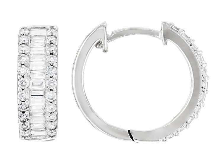 Pre-Owned White Round and Baguette Lab-Grown Diamond F-G SI Rhodium Over Silver Huggie Earrings 0.75