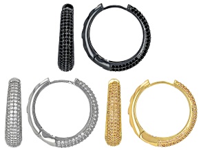 Pre-Owned Multi-Color Crystal Tri-Tone Hoop Earring Set of 3