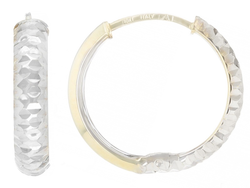 Pre-Owned 10k Yellow and White Gold Two-Tone 0.75" Diamond Cut Night and Day Huggie Hoop Earrings