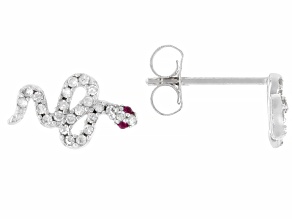 Pre-Owned White Diamond And Lab Ruby Rhodium Over Sterling Silver Snake Stud Earrings 0.24ctw