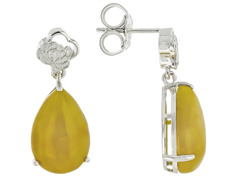 Pre-Owned Golden Jadeite Rhodium Over Sterling Silver Chinese Chrysanthemum Earrings