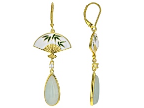 Pre-Owned Green Jadeite With White Zircon 18k Yellow Gold Over Sterling Silver Fan Earrings 0.17ctw