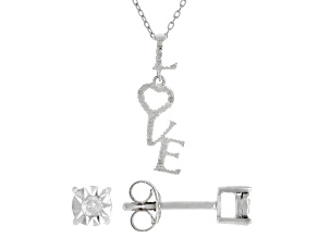 Pre-Owned White Diamond Rhodium Over Sterling Silver "LOVE" Pendant And Stud Earring Set 0.11ctw
