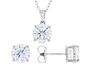 Pre-Owned Round Moissanite Platineve Set Of Stud Earrings With Pendant And Chain 5.70ctw DEW