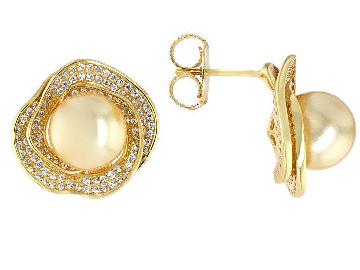 Pre-Owned Pearlfection® Golden South Sea Simulant With Cubic Zirconia 18k Yellow Gold Over Silver Ea