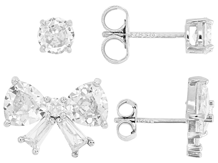 Pre-Owned White Cubic Zirconia Rhodium Over Sterling Silver Bow Earring and Stud Set of 2 7.07ctw