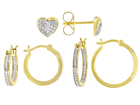 Pre-Owned White Diamond Accent 14k Yellow Gold Over Brass Stud And Hoop Set Of 3 Earrings