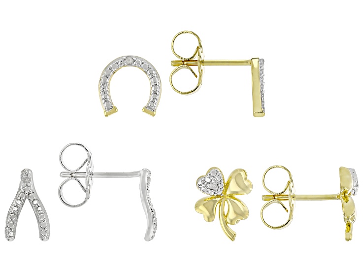 Pre-Owned White Diamond Accent 14K Yellow Gold and Rhodium Over Brass Box Set of 3 Good Luck Theme E
