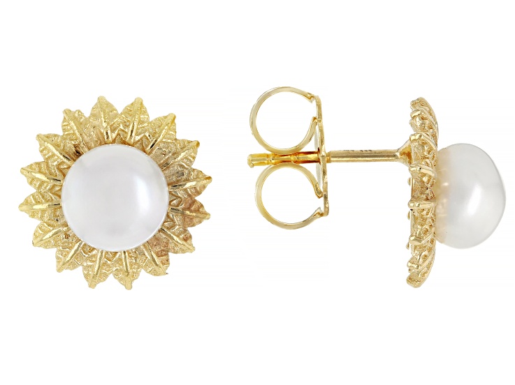 Pre-Owned White Cultured Freshwater Pearl 18K Gold Over Silver Sunburst Stud Earrings, 6.5-7mm