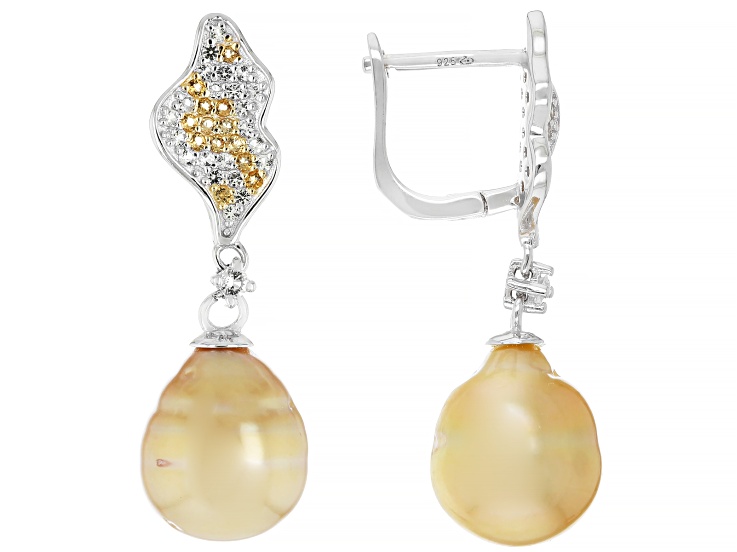 Pre-Owned Golden Cultured South Sea Pearl With Topaz & Citrine Rhodium Over Sterling Silver Earrings