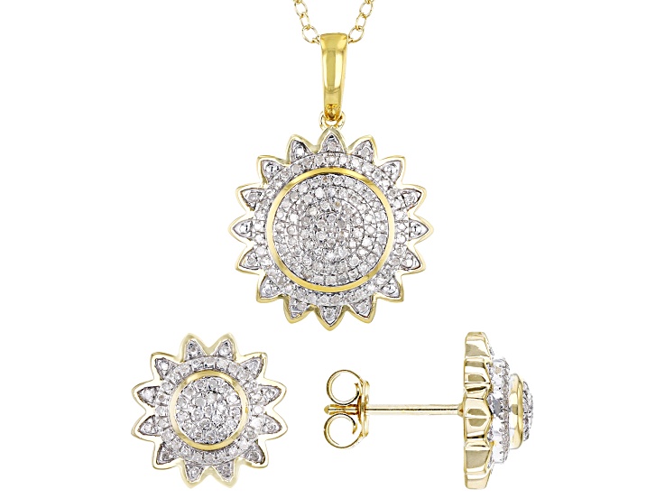 Pre-Owned White Diamond 14k Yellow Gold Over Sterling Silver Cluster Pendant & Earring Jewelry Set 0