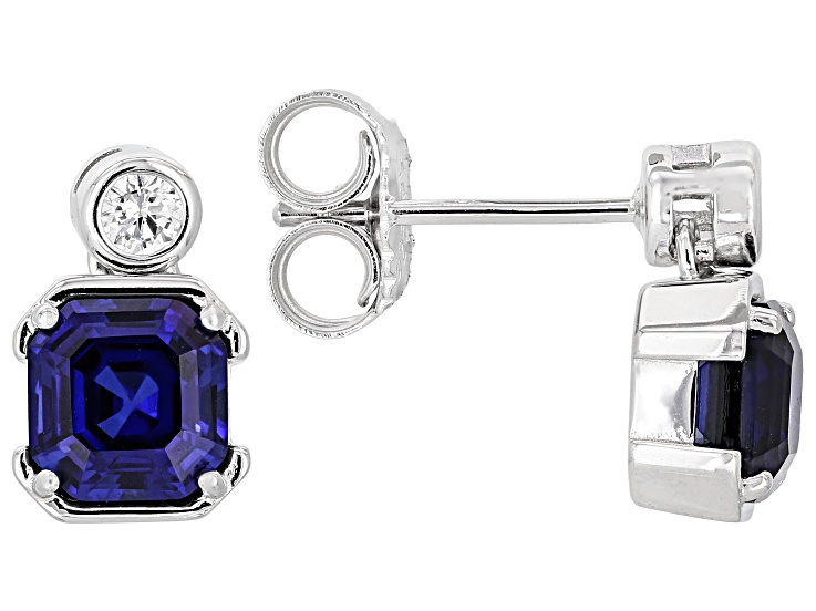 Pre-Owned Lab Sapphire & White Lab-Grown Diamond G-H SI Rhodium Over Sterling Silver Earrings 1.80ct