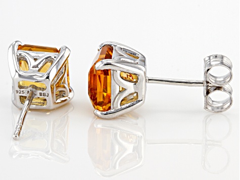Pre-Owned Yellow Asscher Cut Brazilian Citrine Rhodium Over Sterling Silver Stud Earrings 4.15ctw
