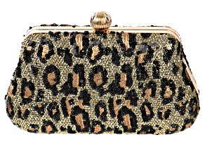 Pre-Owned Sequin Black and Gold Leopard Animal Print Gold Tone Clutch