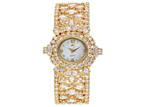 Pre-Owned Adee Kaye™ White Crystal Gold Tone Rhodium Over Base Metal Hinged Bangle Watch