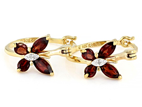 Pre-Owned Red Garnet with Diamond Accent 18K Yellow Gold Over Sterling Silver Hoop Earrings. 1.74ctw
