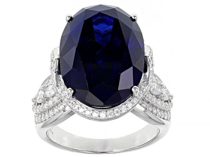 Pre-Owned Blue And White Cubic Zirconia Rhodium Over Sterling Silver Ring 26.00ctw