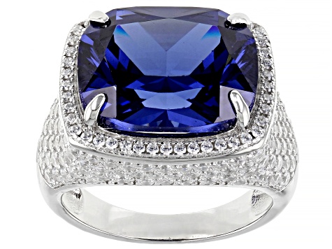 Pre-Owned Blue And White Cubic Zirconia Rhodium Over Sterling Silver Ring 22.32ctw