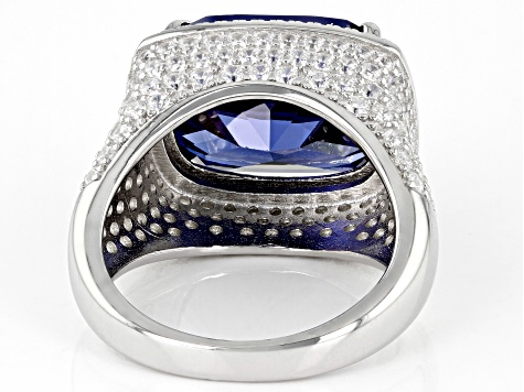 Pre-Owned Blue And White Cubic Zirconia Rhodium Over Sterling Silver Ring 22.32ctw