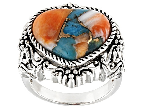 Pre-Owned Blended Kingman Turquoise And Spiny Oyster Shell Rhodium Over Silver Ring