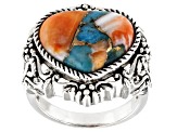 Pre-Owned Blended Kingman Turquoise And Spiny Oyster Shell Rhodium Over Silver Ring