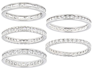 Picture of Pre-Owned White Cubic Zirconia Rhodium Over Sterling Silver Eternity Band Rings- Set of 5 6.80ctw