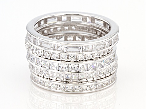 Pre-Owned White Cubic Zirconia Rhodium Over Sterling Silver Eternity Band Rings- Set of 5 6.80ctw