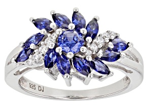 Pre-Owned Blue And White Cubic Zirconia Rhodium Over Sterling Silver Ring 1.73ctw