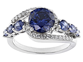 Picture of Pre-Owned Blue And White Cubic Zirconia Rhodium Over Sterling Silver Ring 5.26ctw