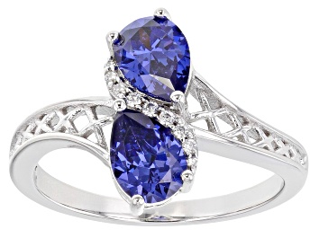 Picture of Pre-Owned Blue And White Cubic Zirconia Rhodium Over Sterling Silver Ring 2.56ctw
