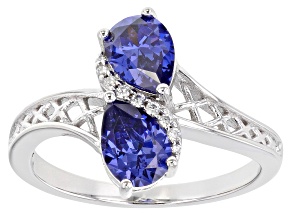 Pre-Owned Blue And White Cubic Zirconia Rhodium Over Sterling Silver Ring 2.56ctw