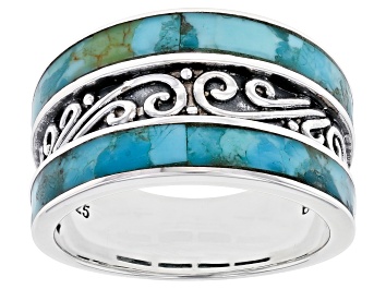 Picture of Pre-Owned Blue Turquoise Rhodium Over Sterling Silver Band Ring