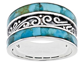 Pre-Owned Blue Turquoise Rhodium Over Sterling Silver Band Ring