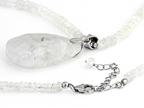 Pre-Owned White Rainbow Moonstone Rhodium Over Sterling Silver Pendant With A Beaded Necklace