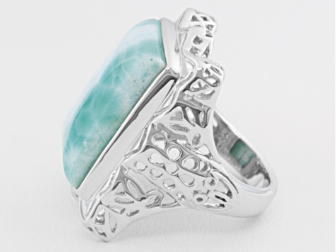 Pre-Owned Blue Larimar Rhodium Over Sterling Silver Ring.