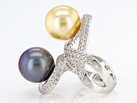 Pre-Owned Cultured South Sea And Tahitian Pearl With Zircon Rhodium Over Sterling Silver Ring