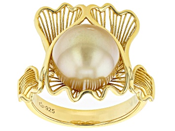Picture of Pre-Owned Golden Cultured South Sea Pearl 18k Yellow Gold Over Sterling Silver Ring