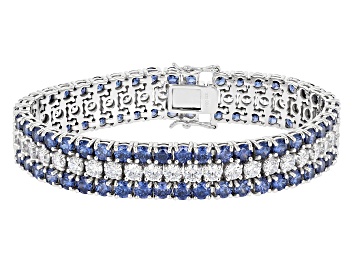 Picture of Pre-Owned Blue And White Cubic Zirconia Rhodium Over Sterling Silver Tennis Bracelet 62.54ctw